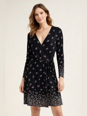 LOFT Black Floral Wrap Dress with Tie Waist